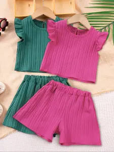 Toddler Girl's Ruffle Trim Tee & Shorts Set, Cute Casual Round Neck Sleeveless Top & Shorts for Daily Wear, Kids Clothing for Summer, Baby Clothing
