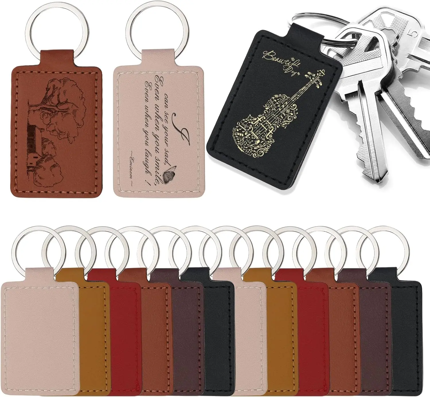 15 Pcs PU Leather Keychain, Leather Keychain Blanks Leather Key Fob Kit, Rectangular Laser Engraving Blanks Key Fob for Engraving Craft Key Chain Making