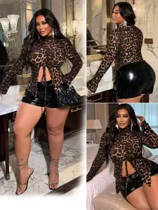 [HILLAR] Plus Size Women Sexy Leopard Print Drawstring Hem Long Sleeve T-Shirt Top