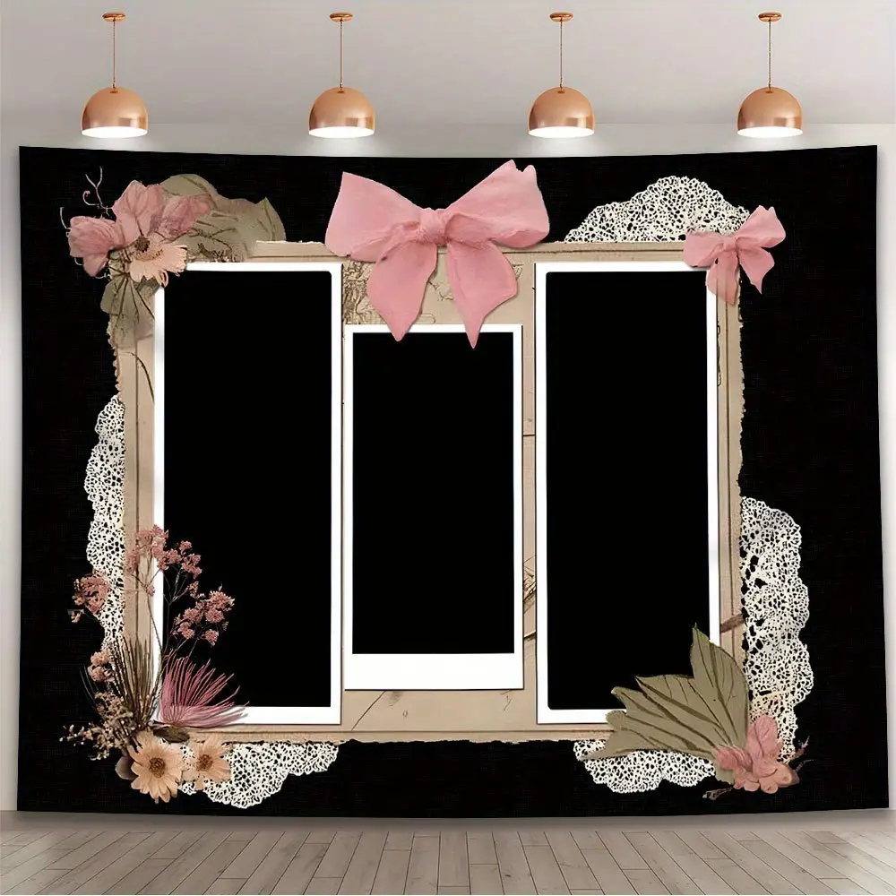 Vintage Glam Durable Textile Frame with Bow, Backdrop Banner, Wall Props & Decor Accessories - Hangable, Easy Hanging - Indoor-Outdoors Use - Ideal for Photo Booth, Birthday Party Supplies (1pc), Fabric