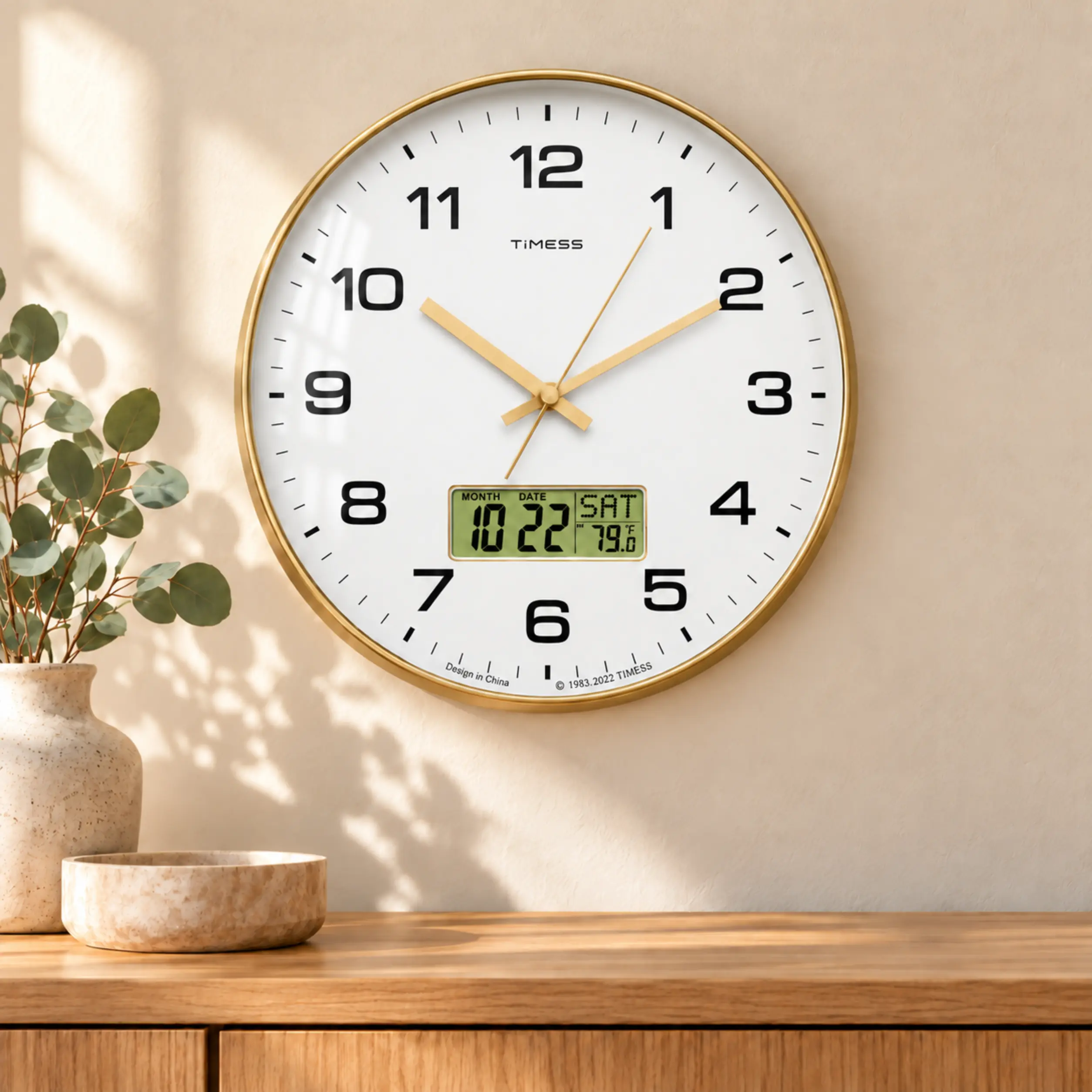 10" 12" 14" Large Modern Gold Wall Clock with LCD Calendar & Temp, Silent Battery Operated Non-Ticking Analog Clock with Date Day Temperature Display for Living Room, Bedroom, Kitchen, Office Decor, Luxury Brushed Gold Frame with HD Glass Lens