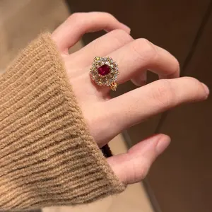 Vintage Italian Court-Style Ruby Red Bezel Setting Ring, Colored Gemstone Diamond Engraved Red Ruby Fashion Costume Jewelry