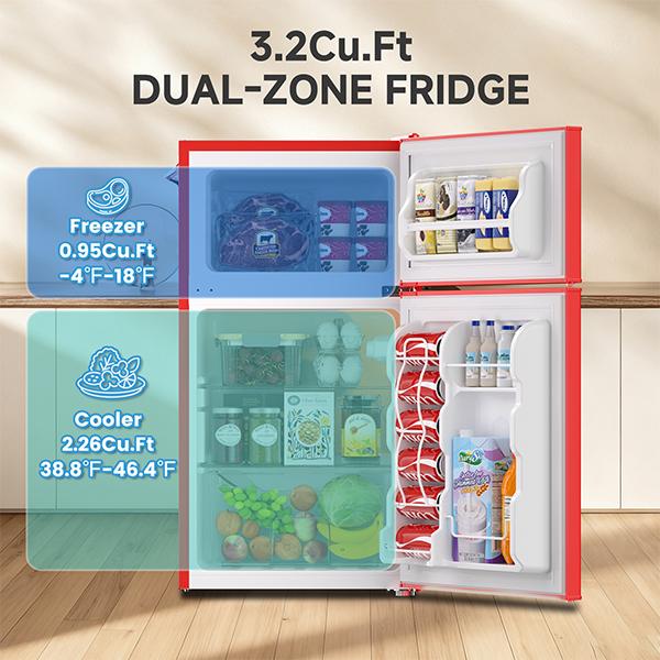 BANGSON 3.2 Cu.Ft Retro Double-Door Mini Fridge with Top Freezer, Adjustable Thermostat, Energy-Efficient & Quiet, Compact & Easy to Clean, for Office/Apartment/Dorm, Red, Black, Cream White