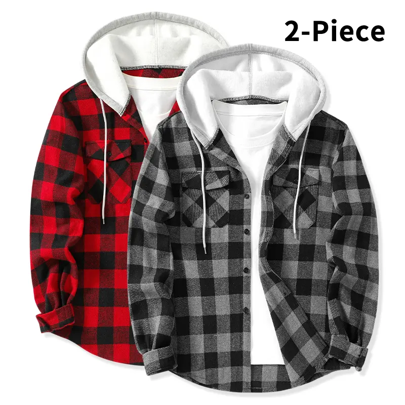 2-piece hooded plaid shirts (short sleeves not included); American preppy-style drawstring hooded loose plaid shirt jacket; retro campus layering jacket; unisex.