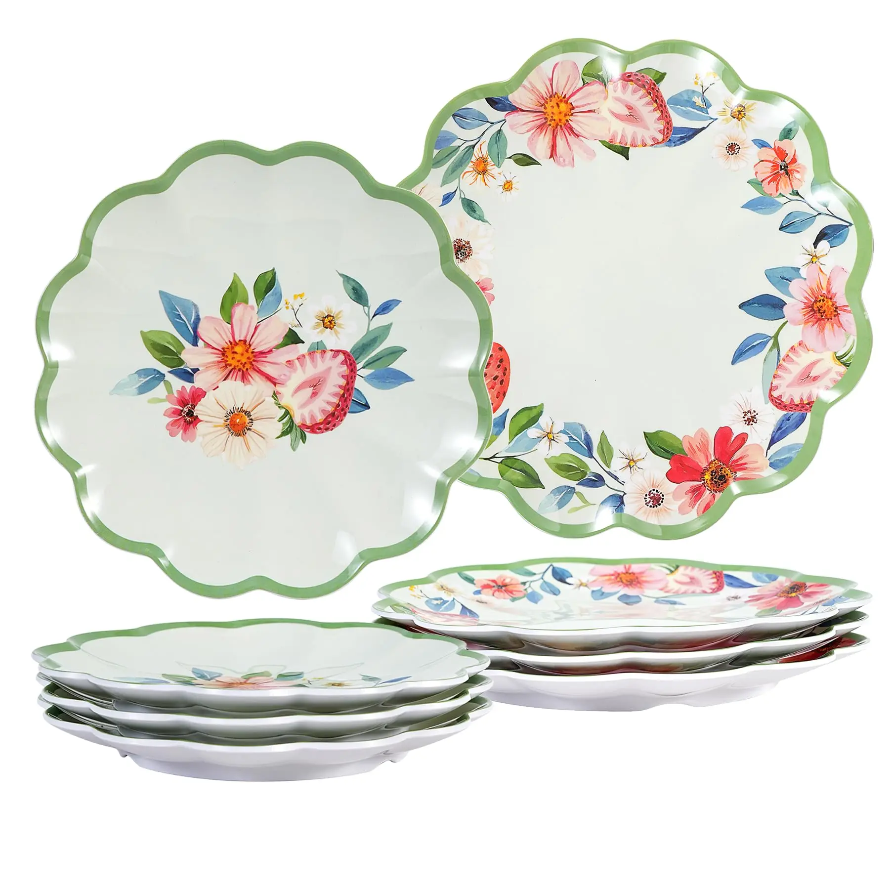Melamine Dinner Plates, 11 Inch Fall Pumpkin Plates, Set of 4 Thanksgiving Plates with Green Scalloped Rims for Autumn Harvest Dining, Patios, Picnics, Camping and RV Trips