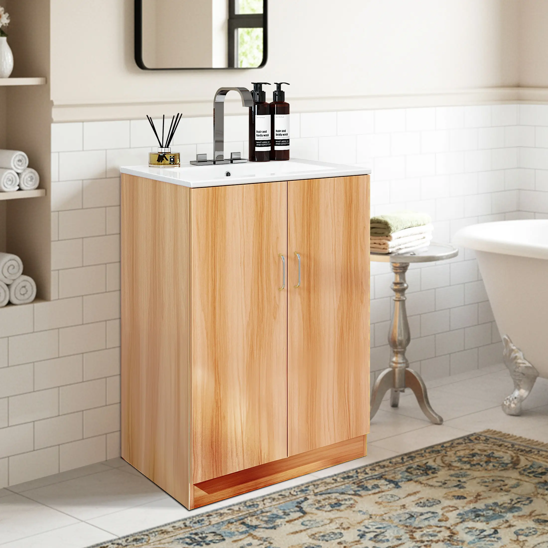 Sweetcrispy 24" Wood Modern Floor Stand MDF Bathroom Vanity Combo Set - 24.17x18.31x34in Durable Undermount Ceramic Basin Cabinet, 2 Doors, 1 Inner Drawer, Quick-Install Drawer Organization, 4-inch Center-Mounted Faucet Compatibility