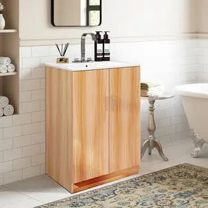 24" Modern Bathroom Vanity with Ceramic Basin, Undermount Vanity Sink Cabinet with 2 Doors and 1 Inner Drawer, Free Standing Bathroom Storage Cabinet with Sink Combo Set, Classic Wood