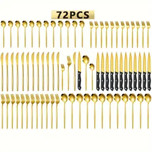 36 72 24 Piece Deluxe Golden Stainless Steel Cutlery Set, Portugal Western Steak Knives, Forks And Spoons Flatware Set, 12 Person Mirror Polish Families Hotels Silverware Set With Gift Box, Dishwasher Safe, Perfect For Restaurants, Parties And Gatherings