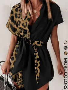 Women's Solid Color Leopard Print Asymmetrical Collar Shirt Dress, Dual Color Contrast Design, Stylish Casual Wear，Valentine