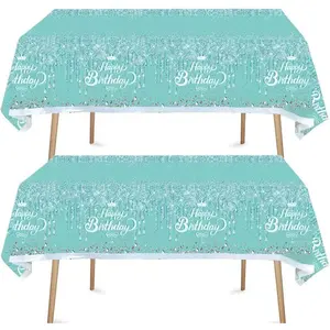 2pcs Teal and Silver Happy Birthday Party Tablecloth Glitter Diamonds Happy Birthday Tablecloth boy girl Party Supplies Decorations 70 inches x 51 inches for Teal and Silver Birthday party supplies