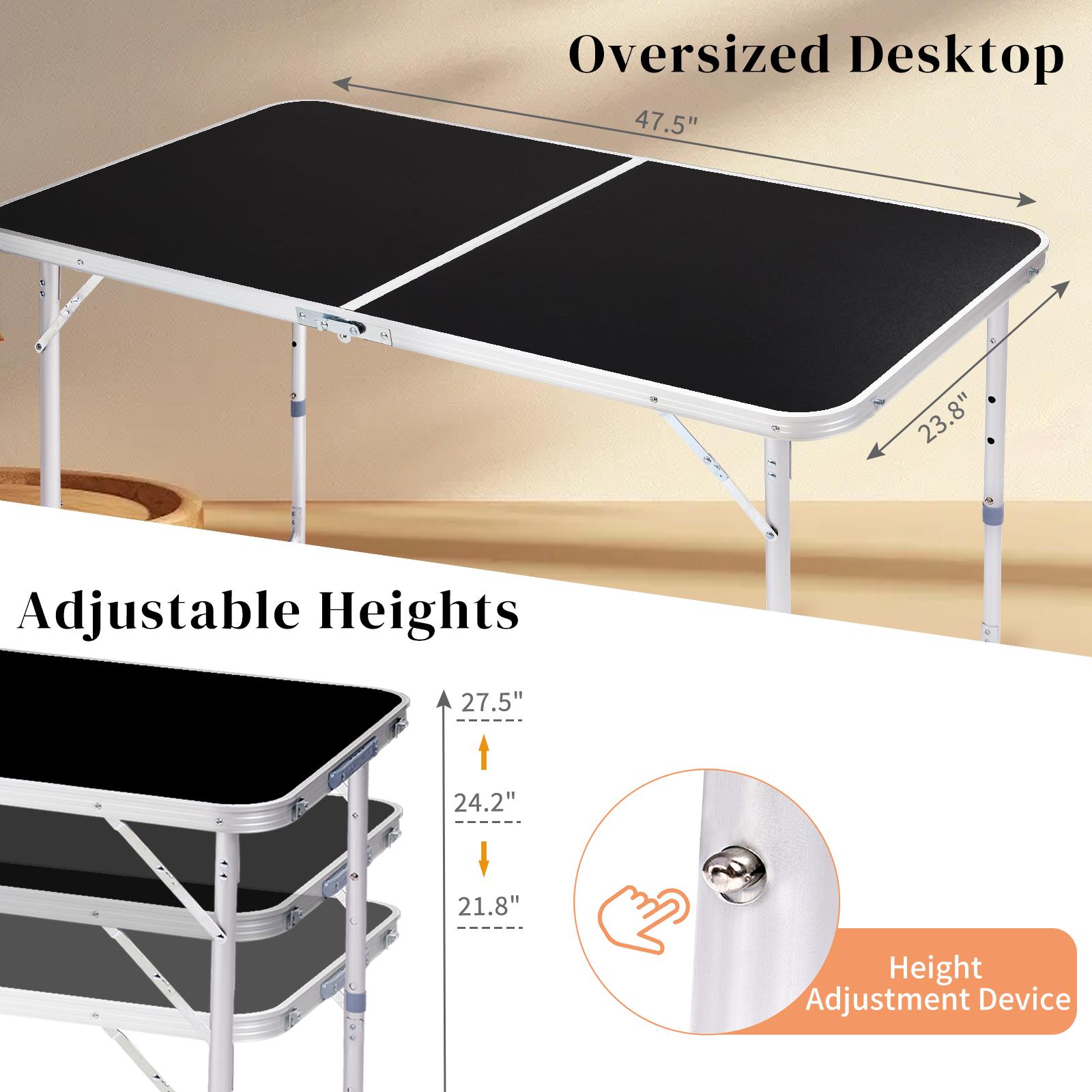 4Ft Portable Folding Table with Carry Handle, Heavy Duty Aluminum Frame Fold-in-Half Dining Table, Waterproof Multi-Purpose for Camping, Picnic, BBQ, Party, Indoor & Outdoor Use