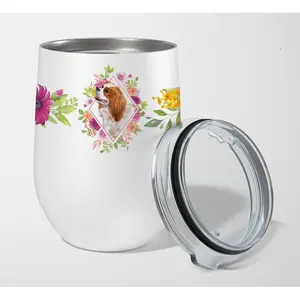 Carolines Treasures CK4126TBL12 12 oz Cavalier King Charles Spaniel Pink Flowers Stainless Steel Stemless Wine Glass