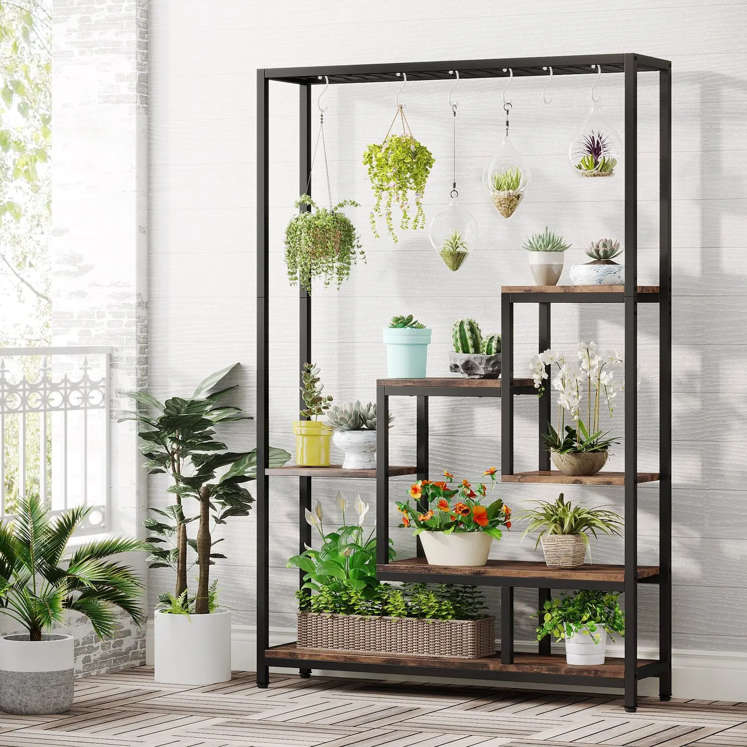 Spaco 5-Tier Tall Indoor Metal Plant Stand - 70.9in Large Multi-Layer Vertical Gardening Stand with 6 S-Hanging Hooks for Hanging Planters, Multi-Use Display Rack for Flower Bonsai Pots (Indoor, Balcony), Indoor Stands