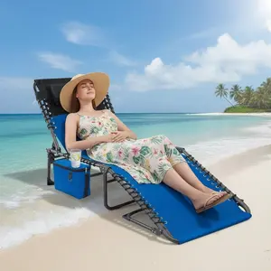 Chaise Lounge Chair Outdoor with Side Pocket, 5-Position Adjustable Portable Chaise Lounge with Pillow, 600D Oxford Beach Chair for Sunbathing, Poolside, Camping, Blue/Grey