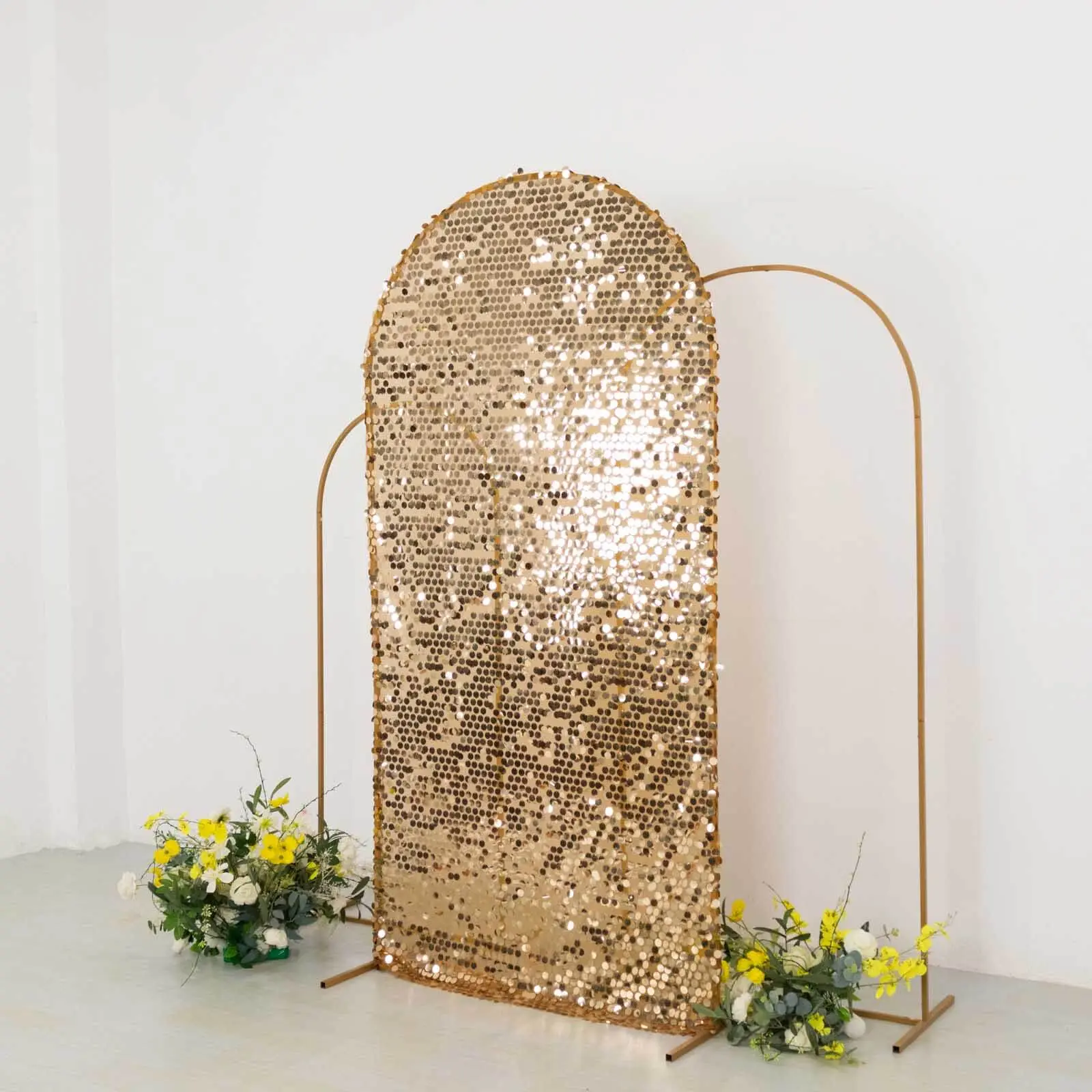 7ft Sparkly Gold 1-Piece Payette Sequin Fitted Wedding Arch Cover for Round-Top Chiara Backdrop Stand, One-Piece