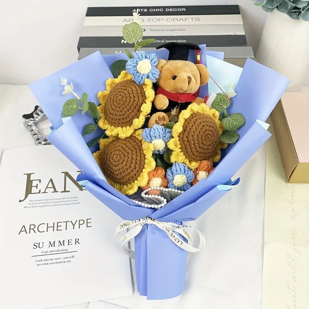 Sunflower Bouquet with Bear, Handmade Knitted Gift, Graduation Present, Birthday Gift, Home Decor, 3 Pcs Artificial Flower Set