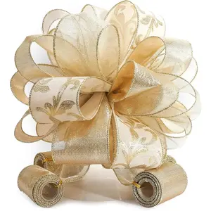 Champagne Gold Swirl Less Glitter 11" Christmas Tree Topper Bow With 4 3-Yard Ribbon Streamers For Elegant Fancy Indoor Holiday Home Decor