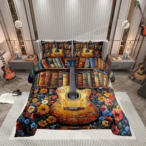 Guitar Kids Comforter Set,Farmhouse Music Themed Bedding Comforter Set,Rustic Country Flowers Quilt Set,for Boys Girls,Vintage Bookcase Book Duvet Insert