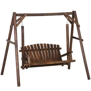 6.5' Outdoor Rustic Loveseat – 2 Person Freestanding Solid Wood Natural Log Garden Swing with Stand, Fir Log Construction, Varnished Finish, Slatted Seat, Armrests, 660 lbs Capacity, for Patio, Backyard, Garden, Brown