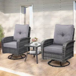 2 Large Wicker 360° Swivel Rocking Glider Chairs with Side Table, 3‑Piece Outdoor Patio Porch Pool Furniture Set