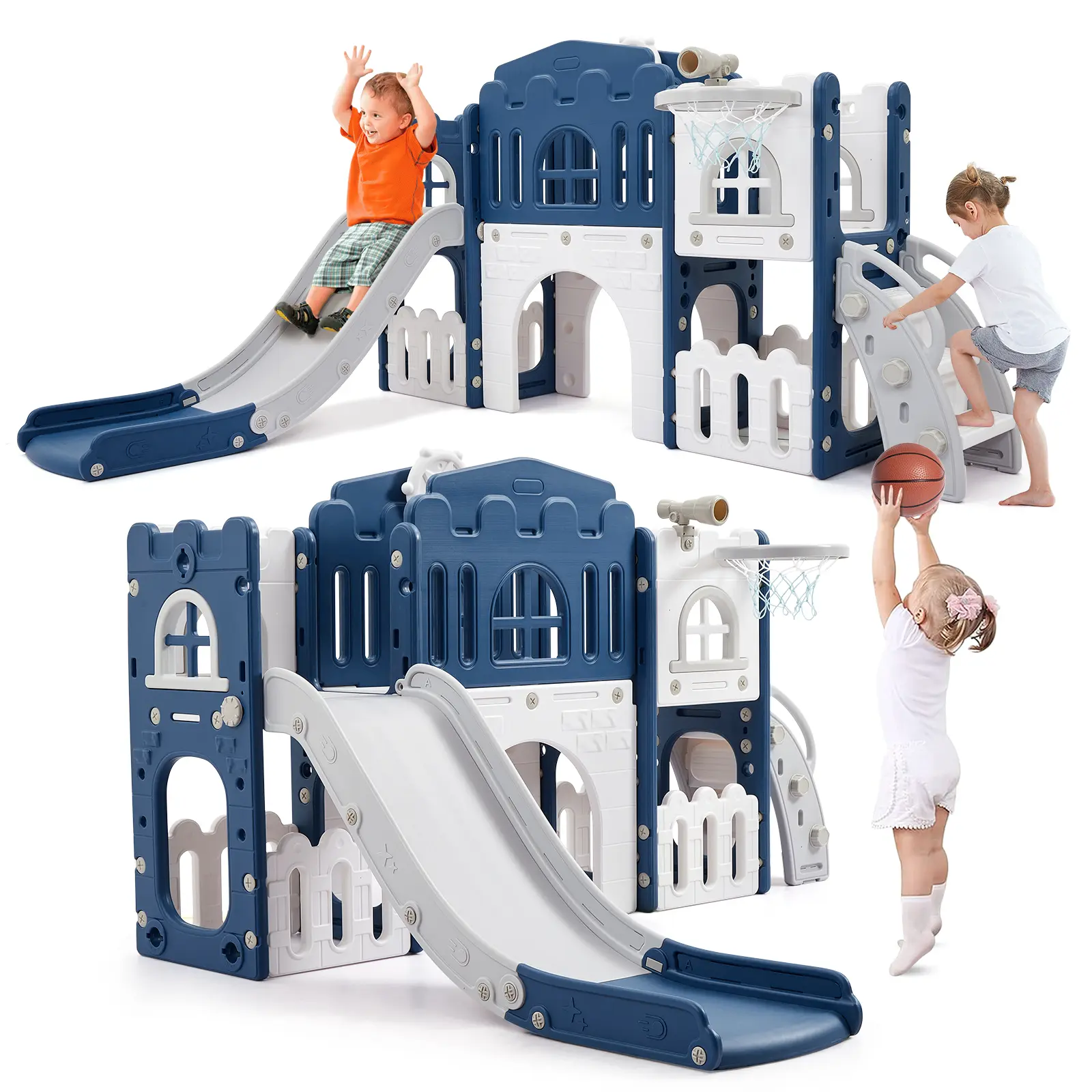 GAOMON 8 in 1 Toddler Slide Indoor Playground, Indoor Slide Toddler Playset for Toddlers 1-3, Kids Outdoor Playground with Basketball Hoop, Climber, Crawling Tunnel, Telescope, Toy Storage