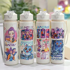 Cartoon Straw Water Bottle Large Capacity Pop-Up Lid Portable Plastic Cup Space Cup, Durable Leak-Proof Design, Perfect for Daily Use