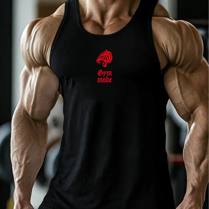 Men's Lion Print Gym Tank Top, Breathable Fitted Sleeveless Workout Shirt, 4-Way Stretch Bodybuilding Cut Athletic Tank, Athleisure Tank, Multiple Wears for Gym Weightlifting, Running, Casual Daily Outfits, Athletic Tank Tops, Sleeveless Sports Wear