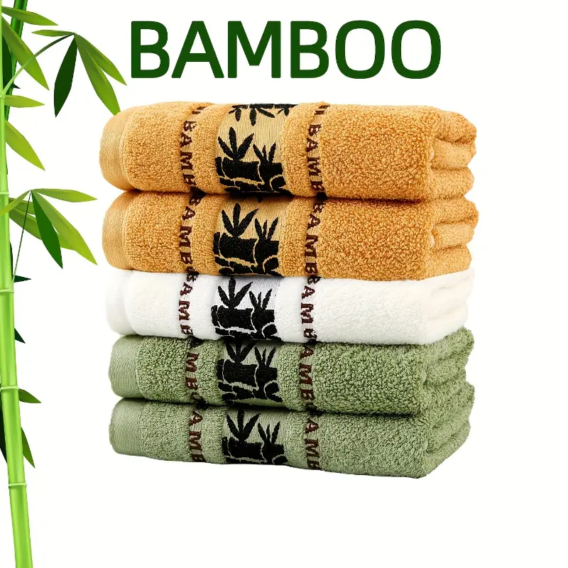 Bamboo Fiber Self Flying Towel Pack of 5 - 5pcs Embroidered Bamboo Towels, Absorbent & Quick-Drying, Super Soft & Light Beige-Friendly Bathing Towels for Home Bathroom
