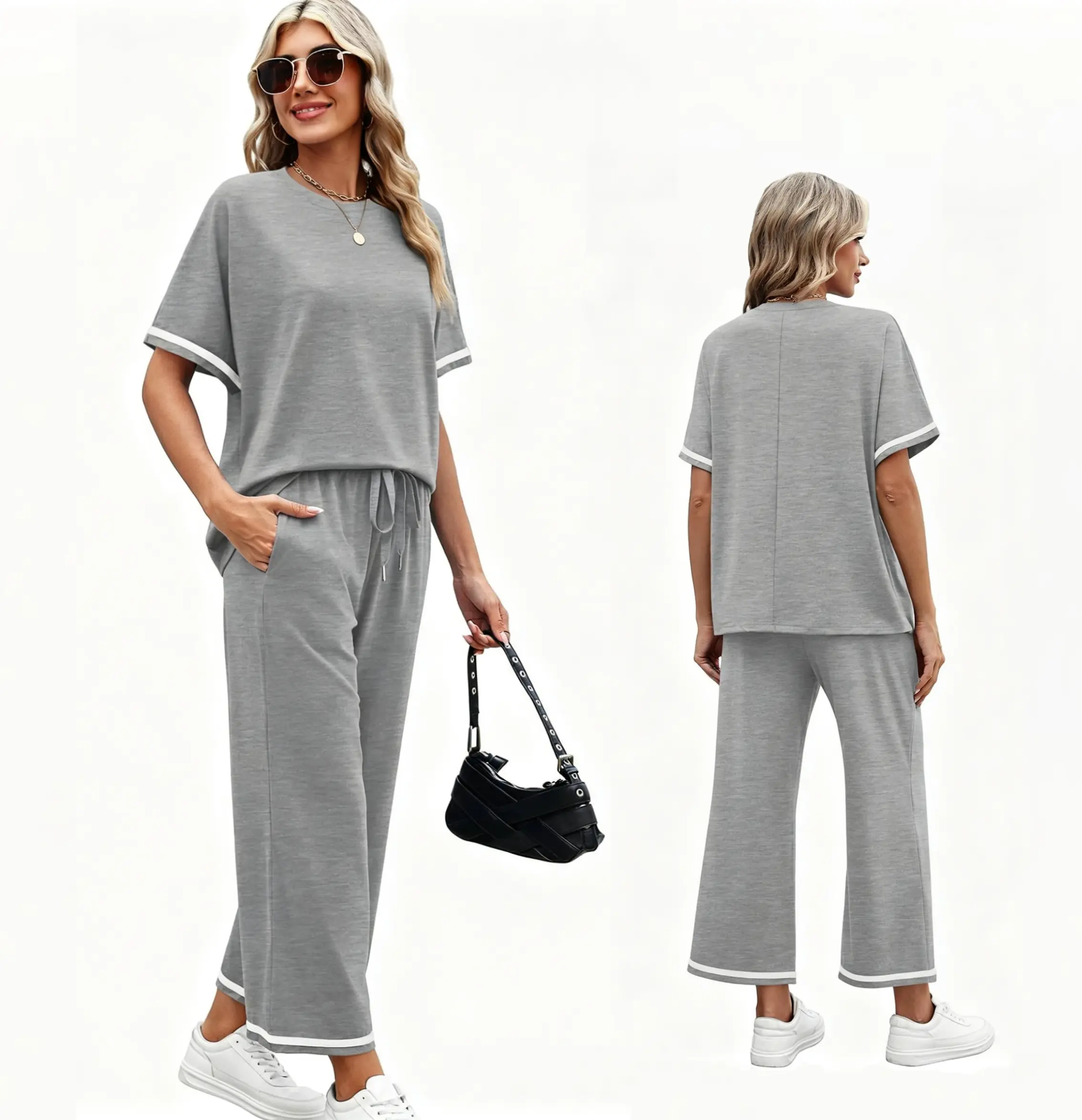 Women's Casual 2-Piece Clothing Set - Short Sleeves Polyester T-Shirt, Relaxed Fit Drawstring Pants for Summer Travel, Lounging, Holiday Relaxation, Drawstring Waist, Round Neck, + Shorts Pants & Top Sets, Multi-Size