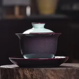 [Jizi Ningqing Series] Longquan Celadon Handcrafted Kiln-Transformed Gaiwan, Jizi Purple Glaze with Bean Green Interior, High-Temperature Fired Gongfu Tea Vessel, Gift for Eastern Culture Enthusiasts
