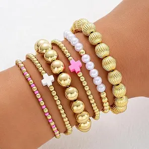 September Laurel  Gold Bracelets for Women Stack Non Tarnish Cross Pearl Stretch Beaded Bracelet Jewelry Birthday Valentines Day Gifts for Women Easter Basket Stuffers