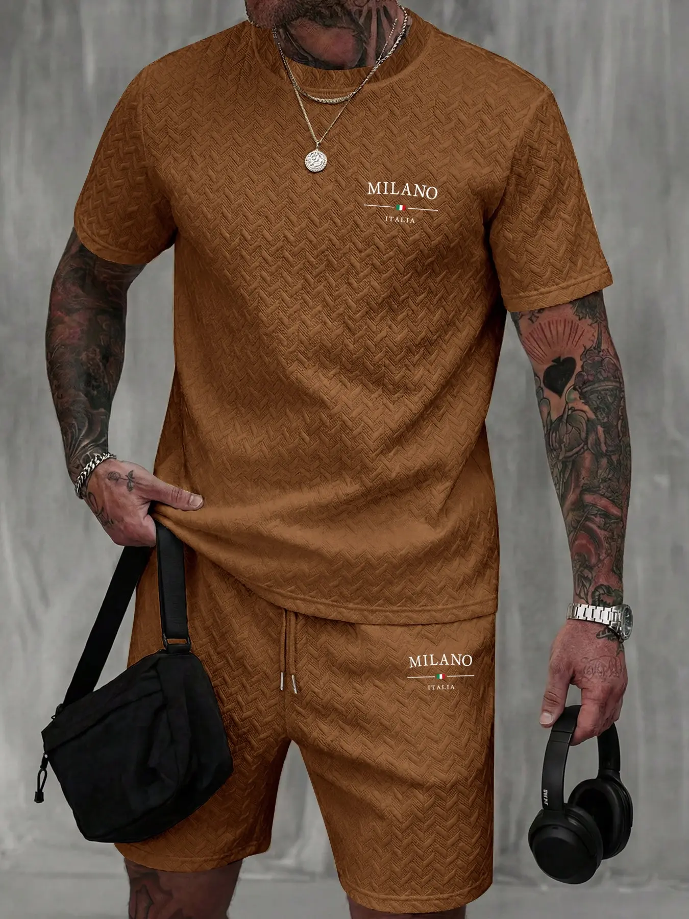 Men's Summer Round Neck Short Sleeve Tee + Sport Athletic Drawstring Shorts Set, Textured Jacquard Fabric, Italian Casual Style, Breathable and Stylish