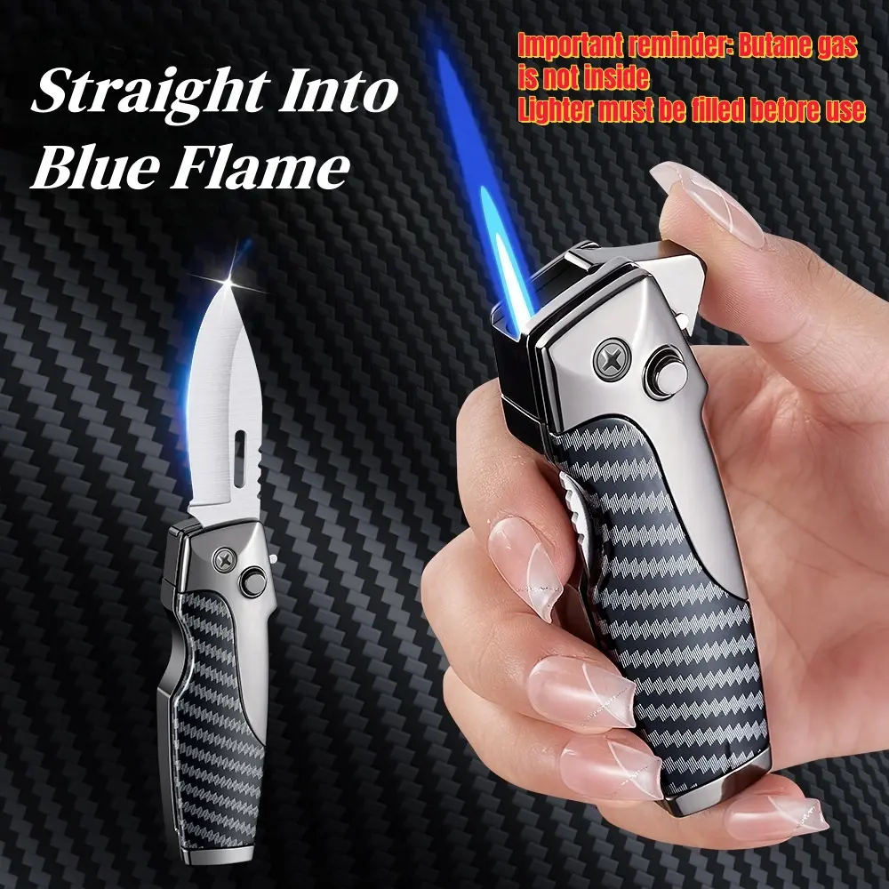 （No butane gas）Straight Into Blue Flame Windproof Jet Flame Refillable Metal Lighter with Safety Lock Portable Multifunctional Outdoor Butane Lighter for Camping Barbecue Kitchen Candle Lighting Men's Gifts