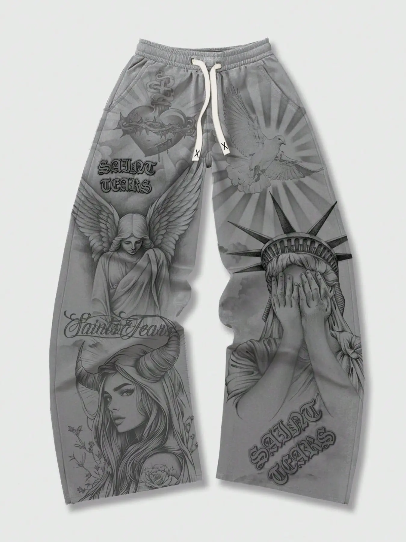 Street Life Men's Casual Wide Leg Religious Style Pants, Grey Christian Casual Pants, Angel Sacred Heart Saint Printed Autumn/Winter Sports Pants, Drawstring Loose Fit, Casual Streetwear Trousers Drawstring Loose Pants