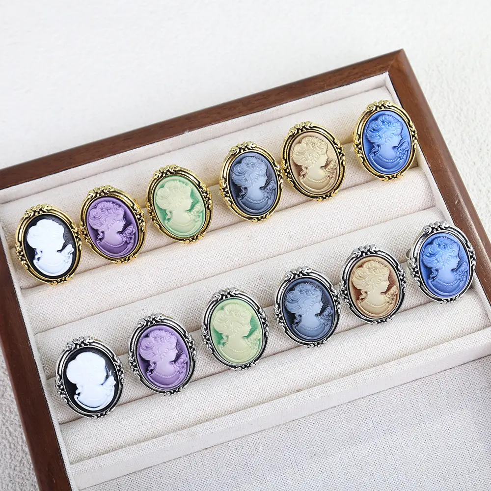 Statement Rings Jewelry Sets for Women, 8 Pack Vintage Purple Cameo Rings, Gold Plated Hypoallergenic Lightweight Coquette Fashion Jewelry, Portrait, 0.2Oz Weight