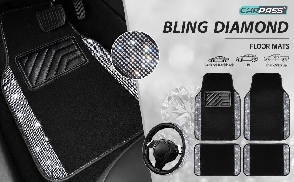 CAR PASS Bling Diamond Leather Steering Wheel Cover 14.5in-15in Floor Mats Shining Rhinestone Carpet Sparkly Glitter Crystal Anti-Slip Pad Fit Automotive SUV Pickup Truck Girl Women, 5pcs Black Sliver CAR PASS Bling Diamond Leather Steering Wheel Cover 14.5in-15in Floor Mats Shining Rhinestone Carpet Sparkly Glitter Crystal Anti-Slip Pad Fit Automotive SUV Pickup Truck Girl Women, 5pcs Black Sliver