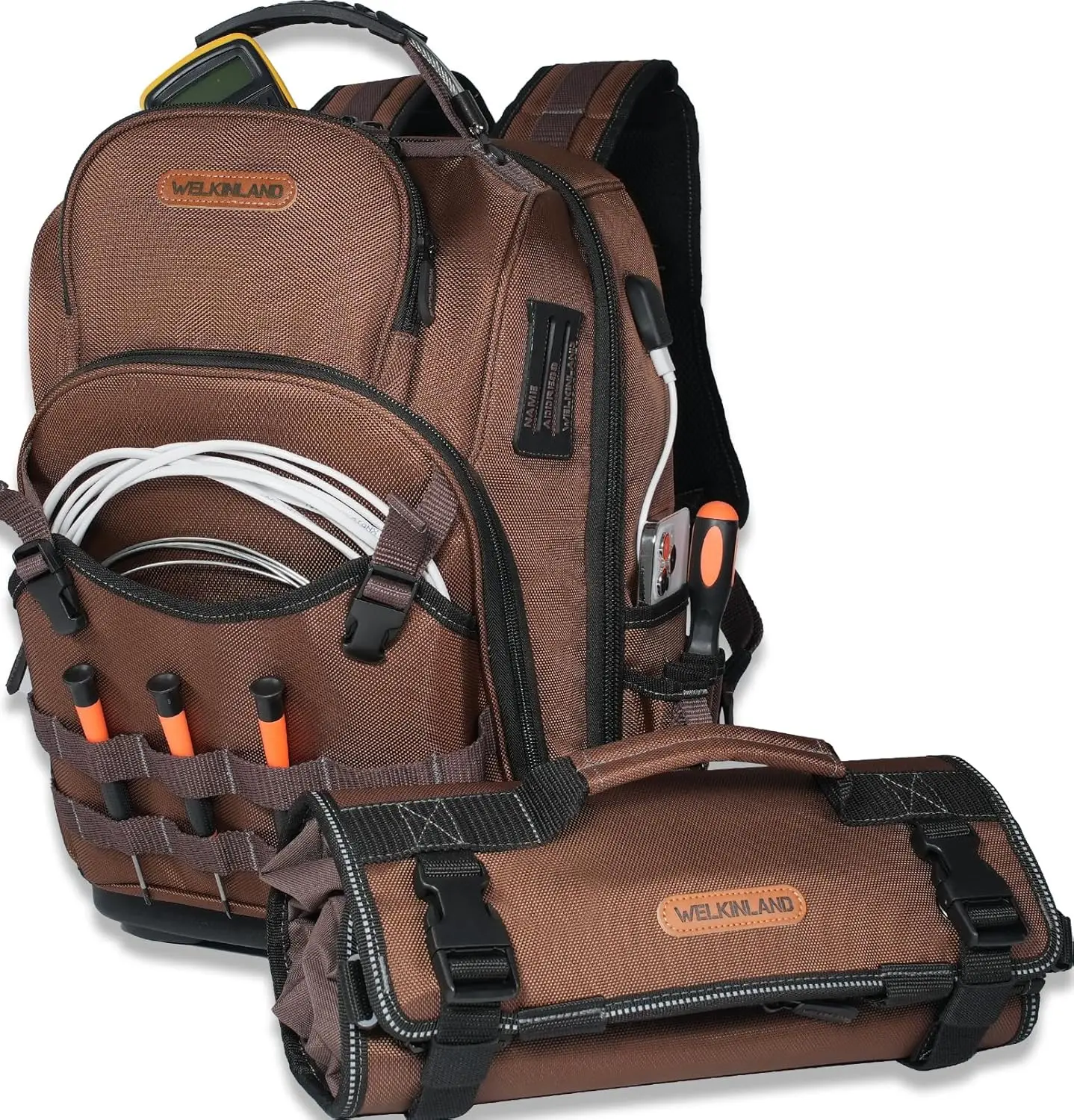 70Pockets HVAC Tool Backpack With Tool Roll, 4-Piece Electrical Backpack With Tools Roll Bags, Hard Bottom Electrician Back Pack, Tools Back Pack For Men Heavy Duty