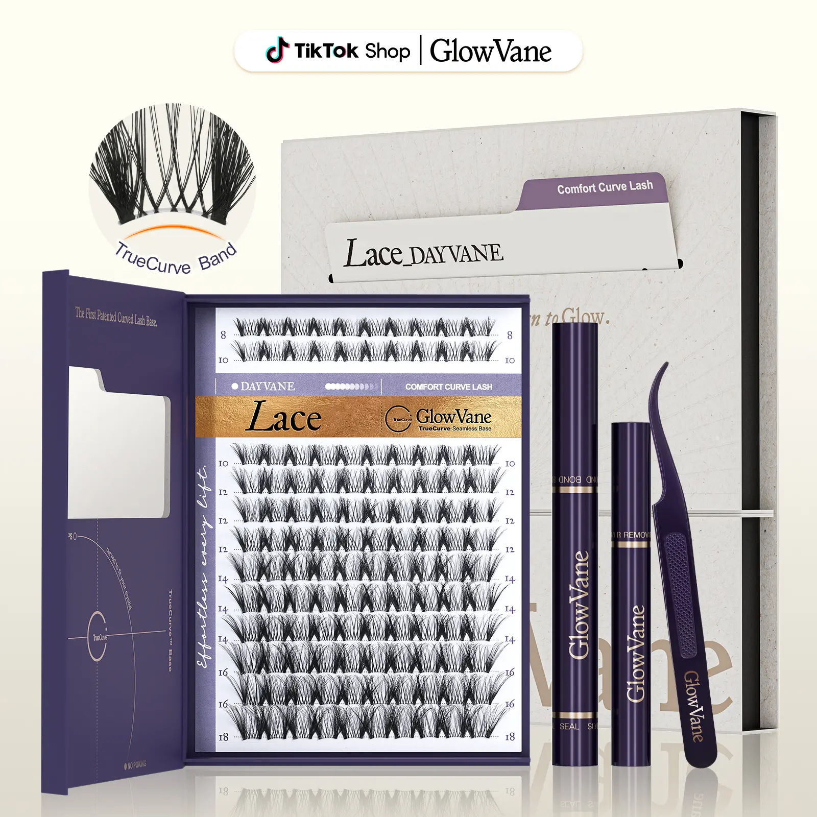 Lace | GlowVane TrueCurve Lash Clusters Kit Manga Volume 0.03mm Curved Band Soft Lightweight 8-18mm DD Curl DIY Lash Extensions for Beginners