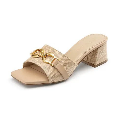 Women's Classy Polyurethane Raffia Heeled Sandals - Square Open Toe Slip-On Mules, 1.97 Inches Low Chunky Block Heels, Chain Decorated, Balanced Support Comfortable Summer Vacation Footwear