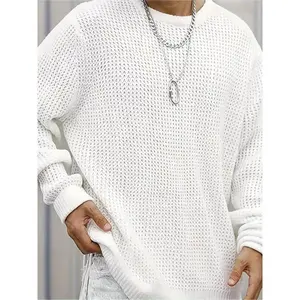 Men’s soft white waffle-knit long-sleeve pullover — casual loose fit crewneck sweater, lightweight and breathable for all seasons, fabric knitwear menswear nylon