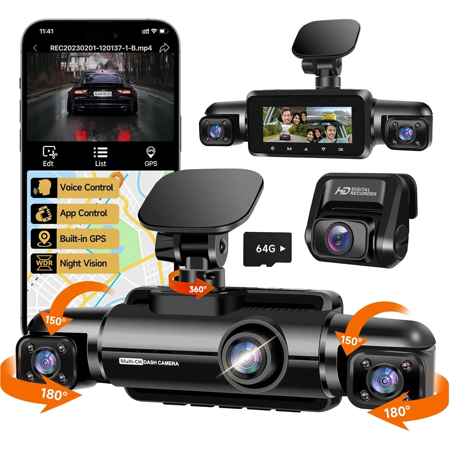360 Dash Cam N300 - 4K+1080P Front & Rear, GPS Voice Control, 64GB SD Card, Night Vision, 24H Parking Mode, App & WiFi Connectivity