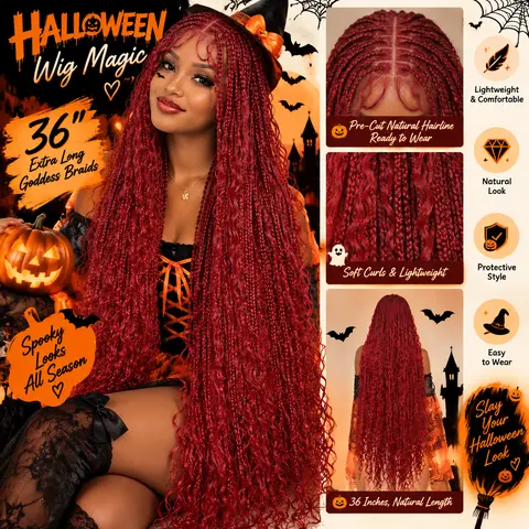Red Boho Vibes | 36" Full Lace Knotless Box Braided Wig – Wavy Braids, Premium Synthetic, Glueless, Lightweight, Natural Look for Black Women – Holiday Hair Must-Have by SuperNova #Halloween #TikTokShopStockUp #DealsForYouDays