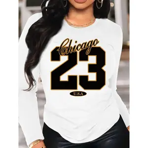 Women's Chicago 23 USA Pattern Printed Long Sleeve T-Shirt - Soft Stretchy Crew Neck Casual Top, White with Black Gold Letters, Machine Washable, All-Season Comfortable Style, Medium Elasticity