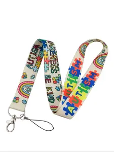 Autism Awareness Polyester Lanyard Keychain Set with ID Holder & Wristband, Gym USB Badge Design, Careful Phone Handling, Stylish Keychain