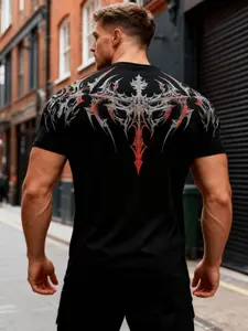 Men's Compression Gym T-Shirt, Short-Sleeve Muscle-Fit Workout Top, Gym Workout Tops, Sporty T Shirt, with Red & White Gothic Graphic Print, Quick-Dry High-Elasticity Athletic Tee for Bodybuilding, Training & All-Season Wear