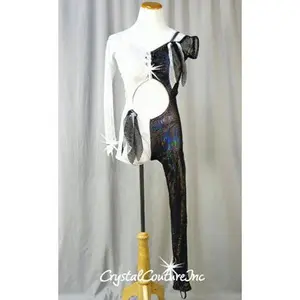 Black and White Lycra/Open Net Mesh Body-Tard - Swarovski Rhinestones