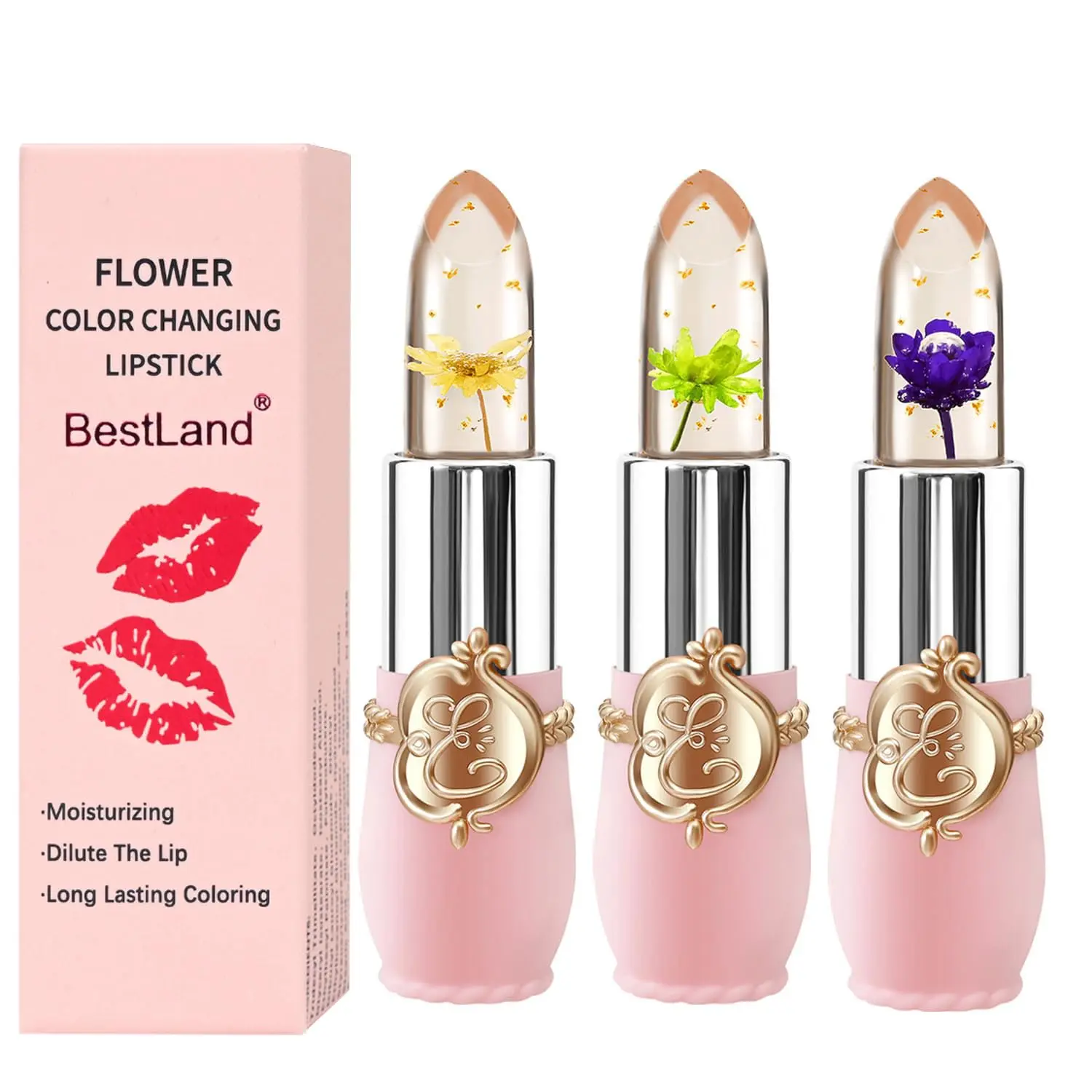 BestLand 3 Pcs/Set Flower Jelly Lipstick Set Temperature Change Moisturizer Long Lasting Nutritious Balm Magic Color Change Lip Gloss (Flower Jelly Lipstick 040506)