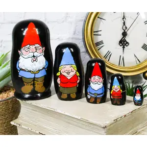 Ebros 5 Piece Set Gnomes w/ Family Nesting Dolls Matroyshka Wooden Figurine 4.5"