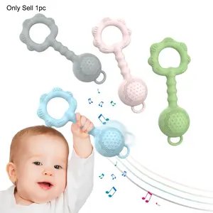 2-In-1 Silicone Rattle & Teether Toy, Soft Soothing Teether Ring, Baby Teether with Massage Dot, Keeps Babies Entertained, Sensory Teether