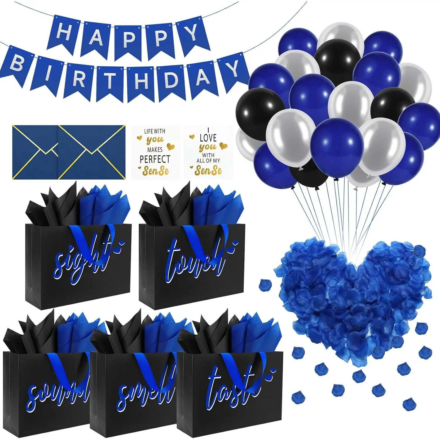 Gift Bags for Him with Labels & Tissue Paper| Happy Birthday Decorations Kit with Banner, Balloons, Rose Petals, Envelope, Card for Men, Boyfriend, Husband(Black - Blue lettering)